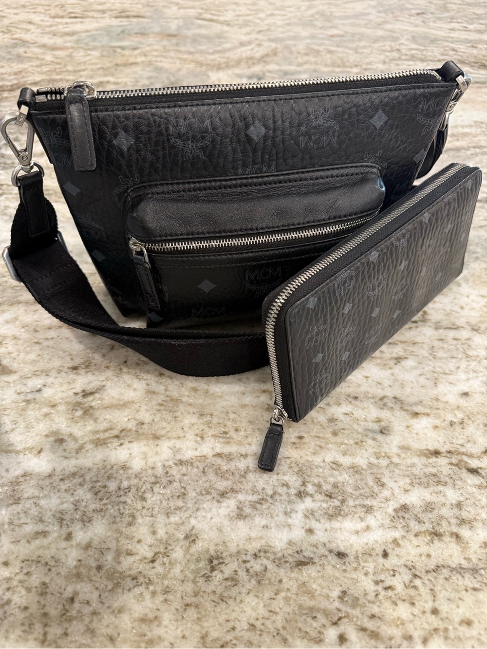 MCM Black Monogram Leather Belt Bag with Zip Wallet Set